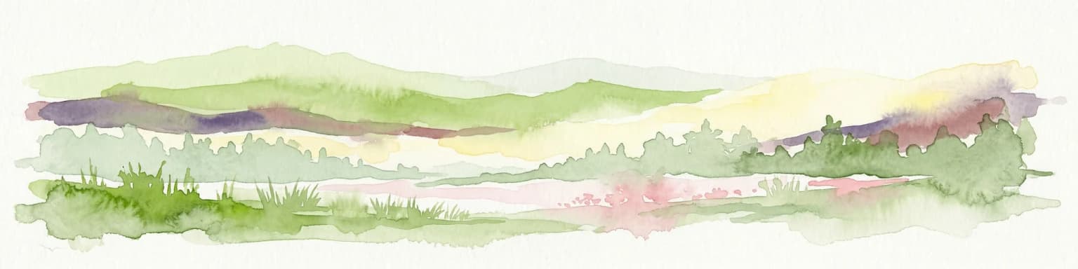 Watercolor illustration of a landscape with rolling hills, a river, and trees
