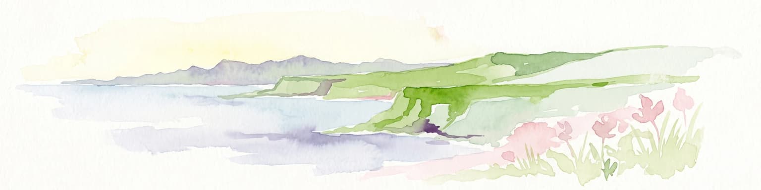 Watercolor painting of a coastline with rolling green cliffs meeting the sea, with small pink flowers in the foreground.