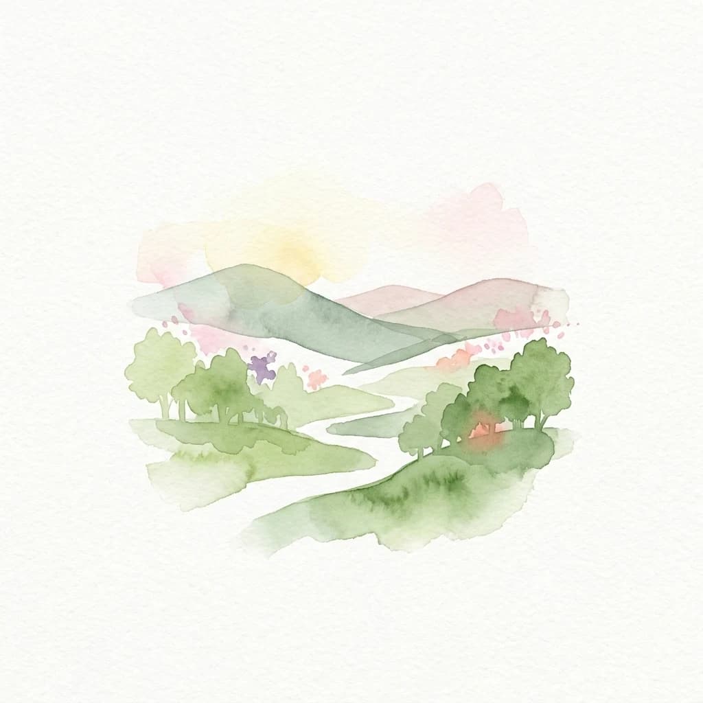 Watercolor illustration of rolling hills, green trees, and a winding river under a soft sky with pastel colors