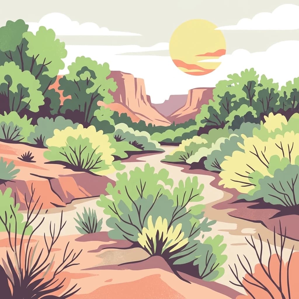 Illustrated desert landscape featuring a river flowing through canyons with rocky cliffs and diverse vegetation under a sun in the sky