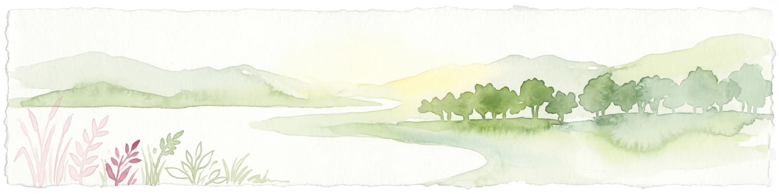 Representación en acuarela de un río que fluye a través de un paisaje con árboles verdes y montañas distantes bajo un cielo claro