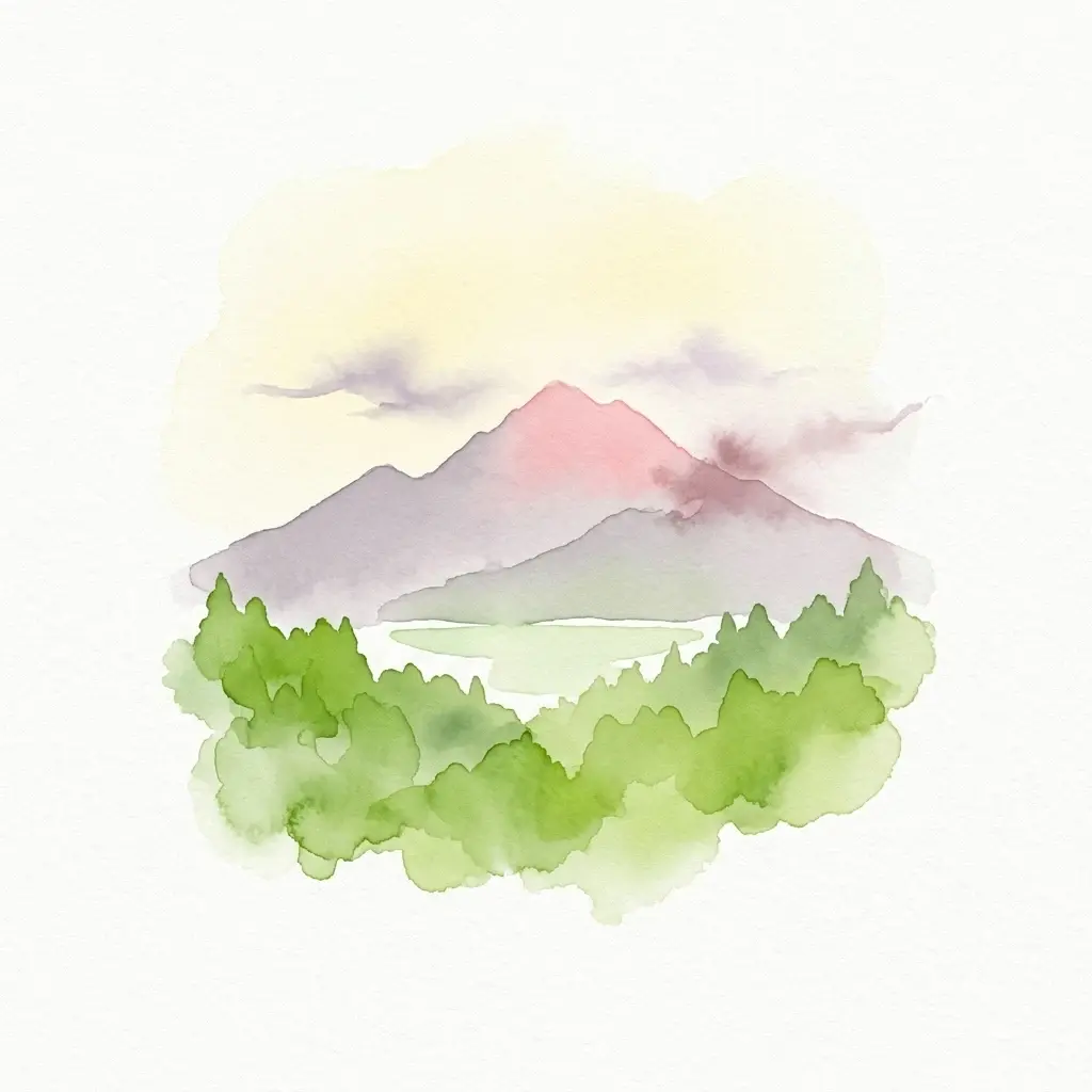 Watercolor painting of mountains with green forest and a small lake under a pale sky with clouds