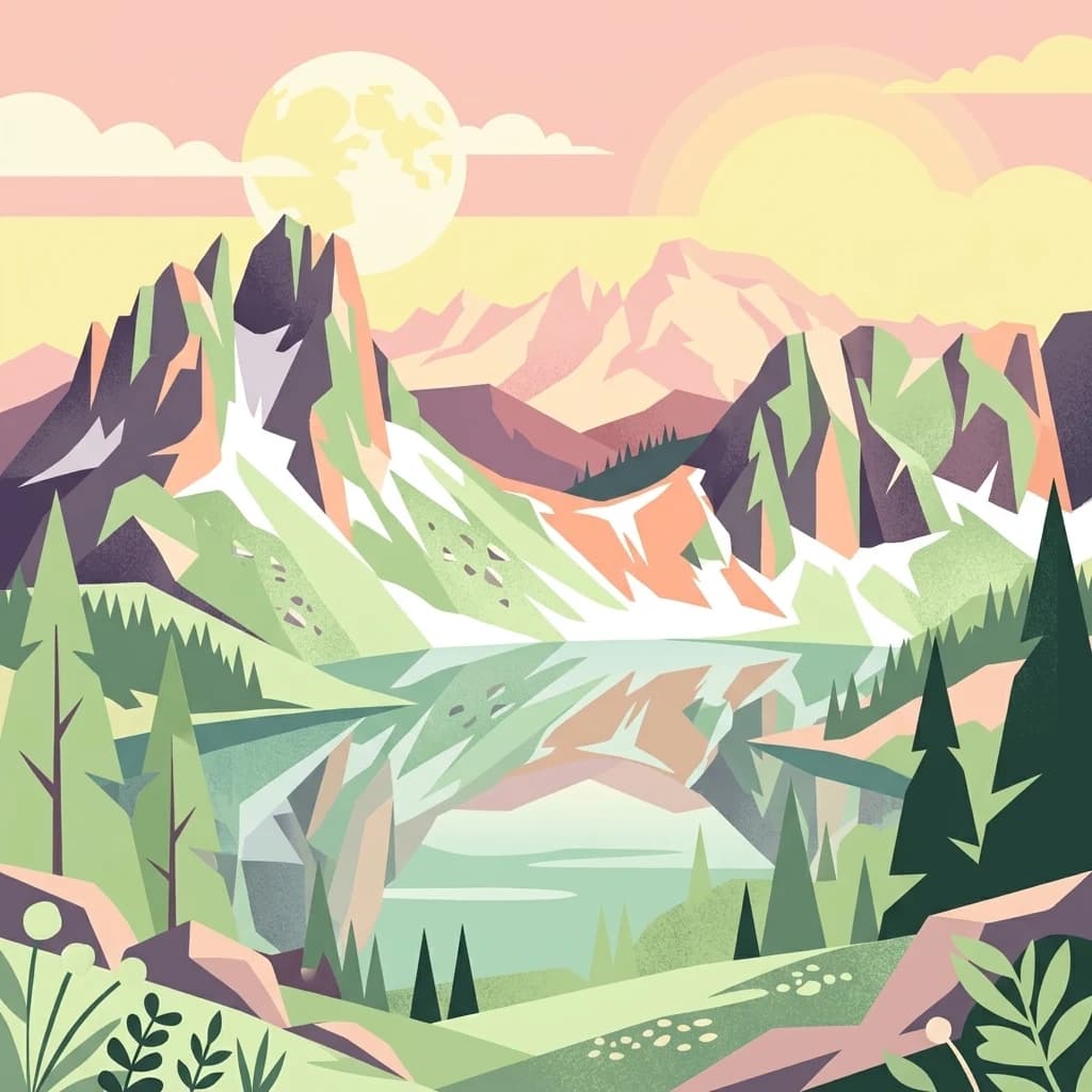 Stylized illustration of mountains with snow patches, a lake reflecting the landscape, and pine trees under a sunset sky