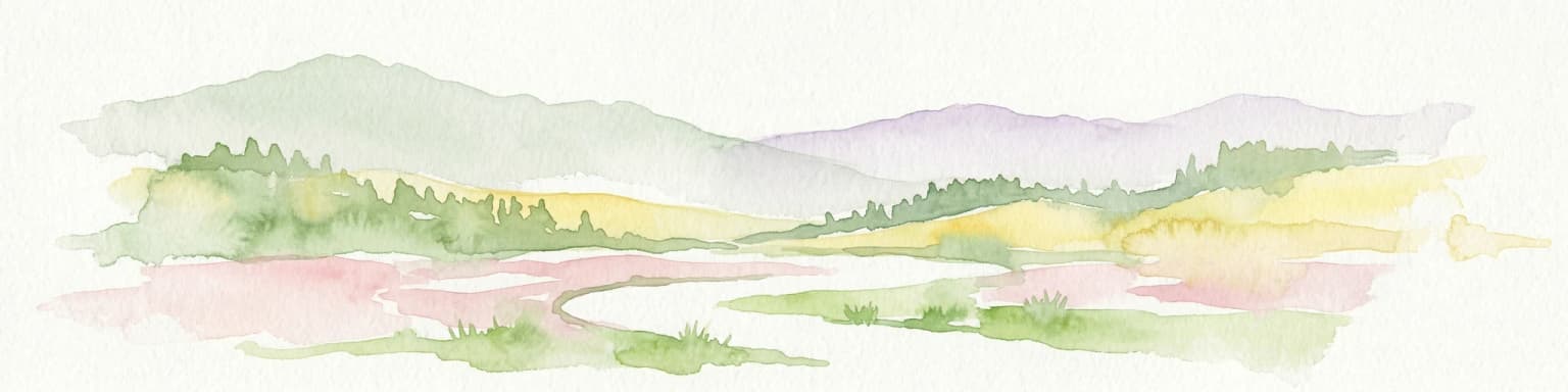 Watercolor illustration of mountainous landscape with rivers and fields