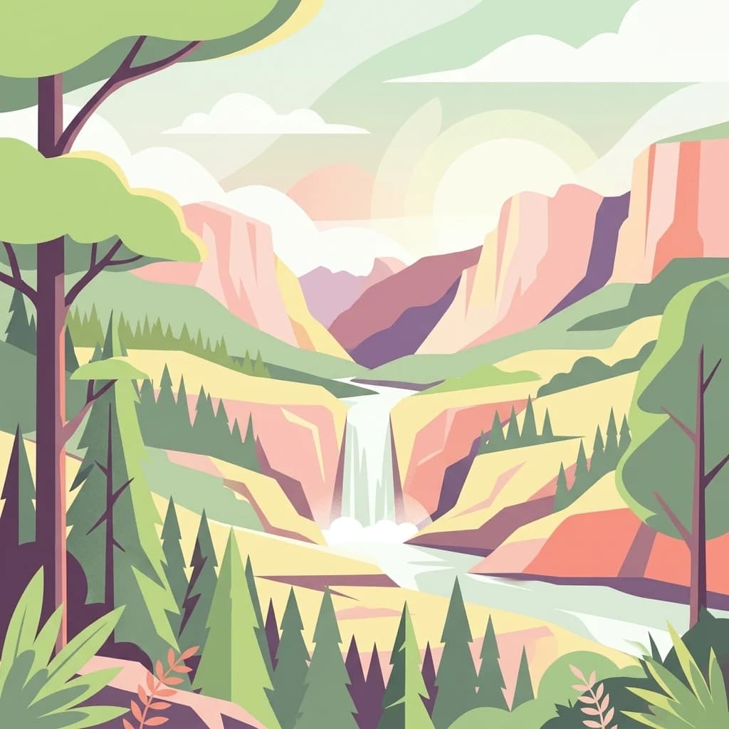 Illustration showing a mountainous landscape with a waterfall, river, and forested areas