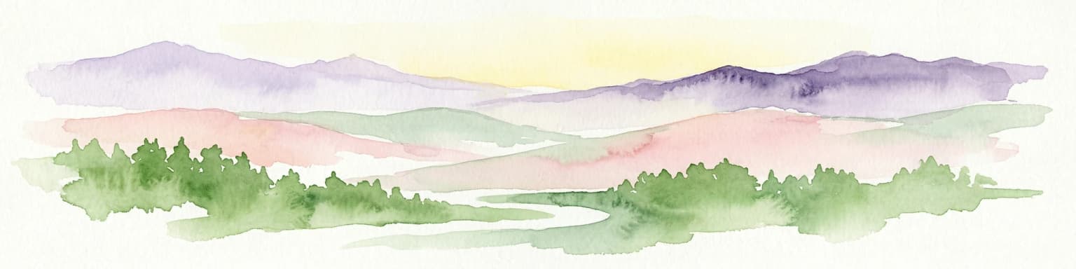 Watercolor painting of mountains, green valleys, and a winding river under a soft sky