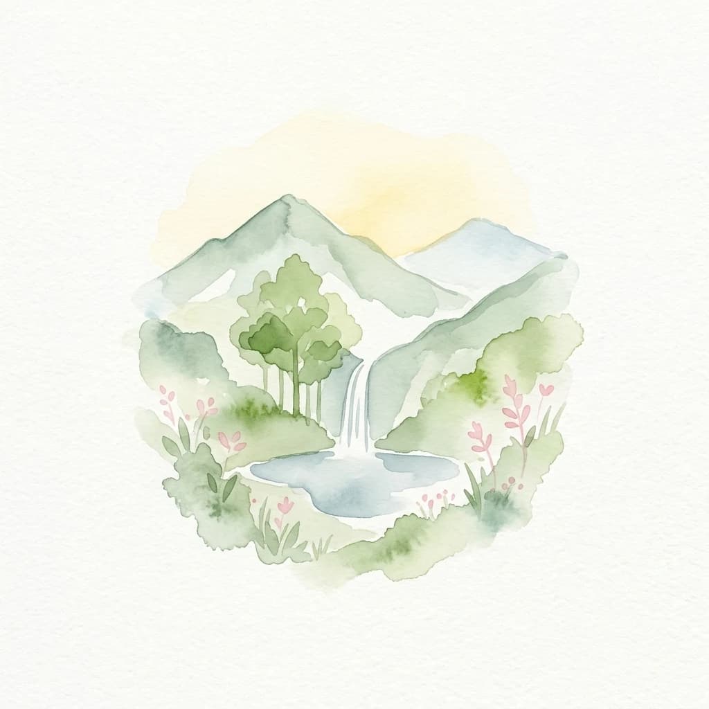 Ilustración en acuarela de una cascada cayendo en un estanque rodeado de montañas verdes, árboles y flores rosas.