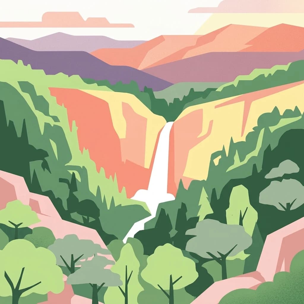 Stylized illustration of a waterfall in a mountainous forest landscape with layered hills and colorful terrain