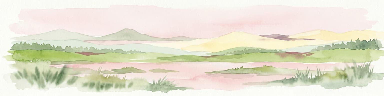 Watercolor illustration of a landscape with mountains, water bodies, and grassy fields
