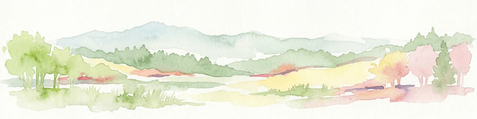 Ilustración en acuarela de un paisaje con colinas onduladas, árboles y campos