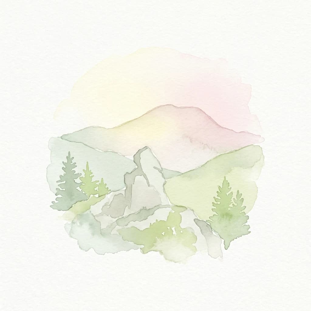 Watercolor painting showing a mountain landscape with green hills, trees, and a pale pink sky