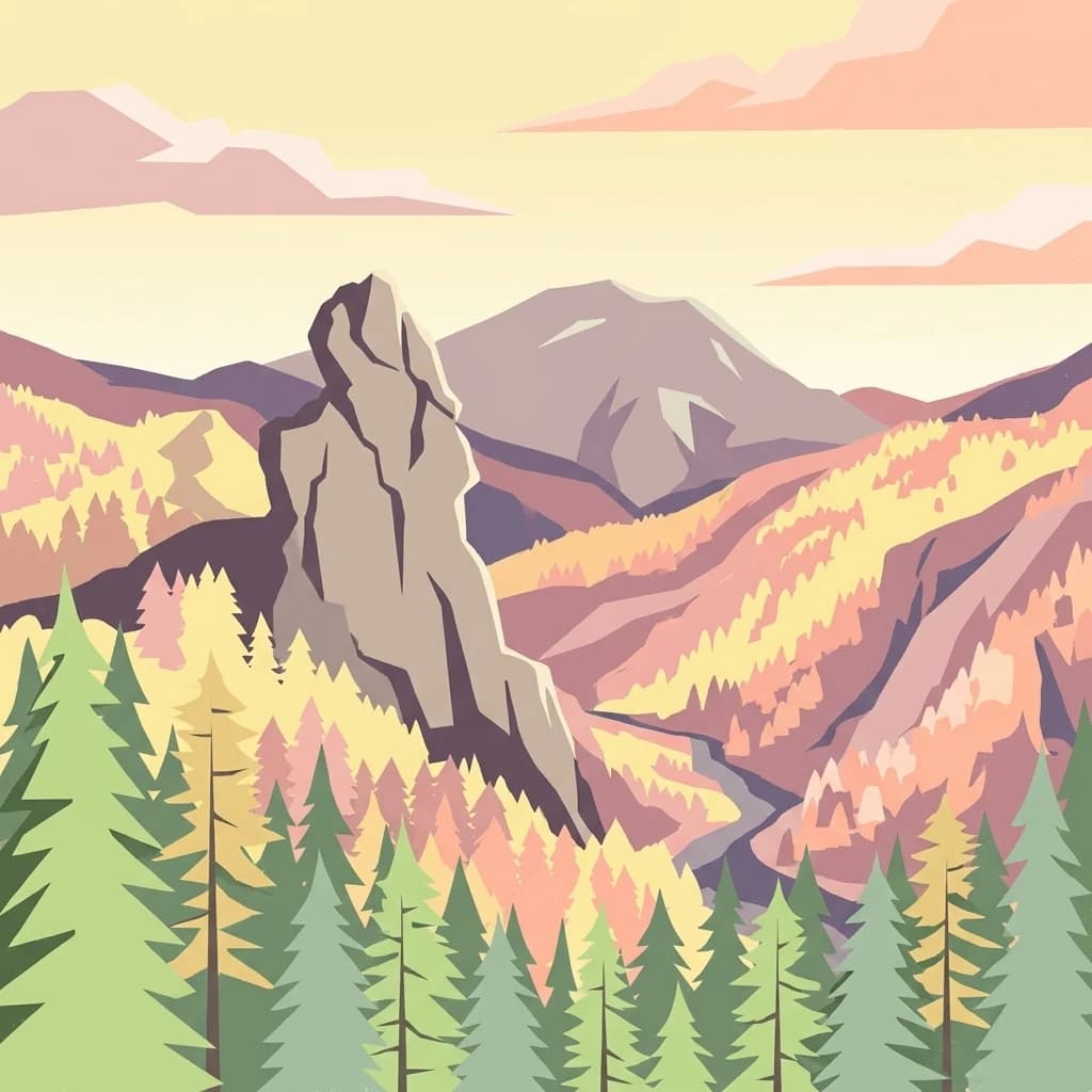 Stylized illustration showing forested valleys, a large rock formation, and layered mountains under a pastel sky