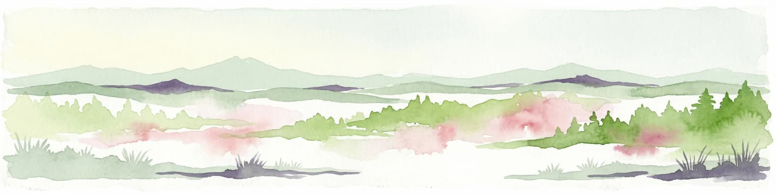 Watercolor painting depicting layered mountain ranges, forests, and water bodies in green and pink tones