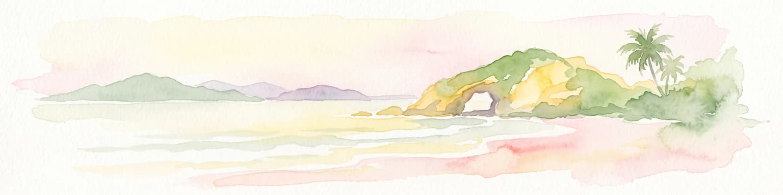 Una pintura acuarelada de tonos suaves de una playa de isla tropical con una formación natural de arco de roca y palmeras.