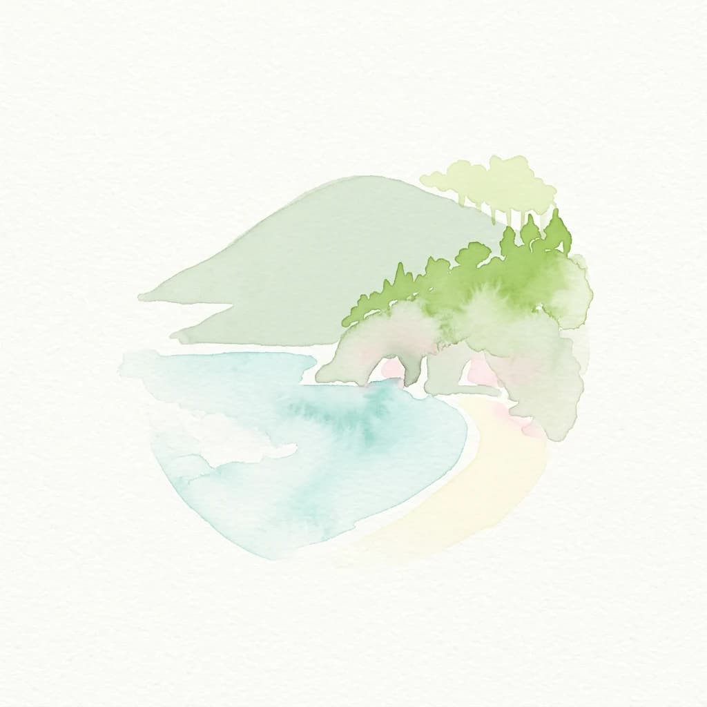 Watercolor illustration showing a green mountain, blue water, sandy beach, and trees