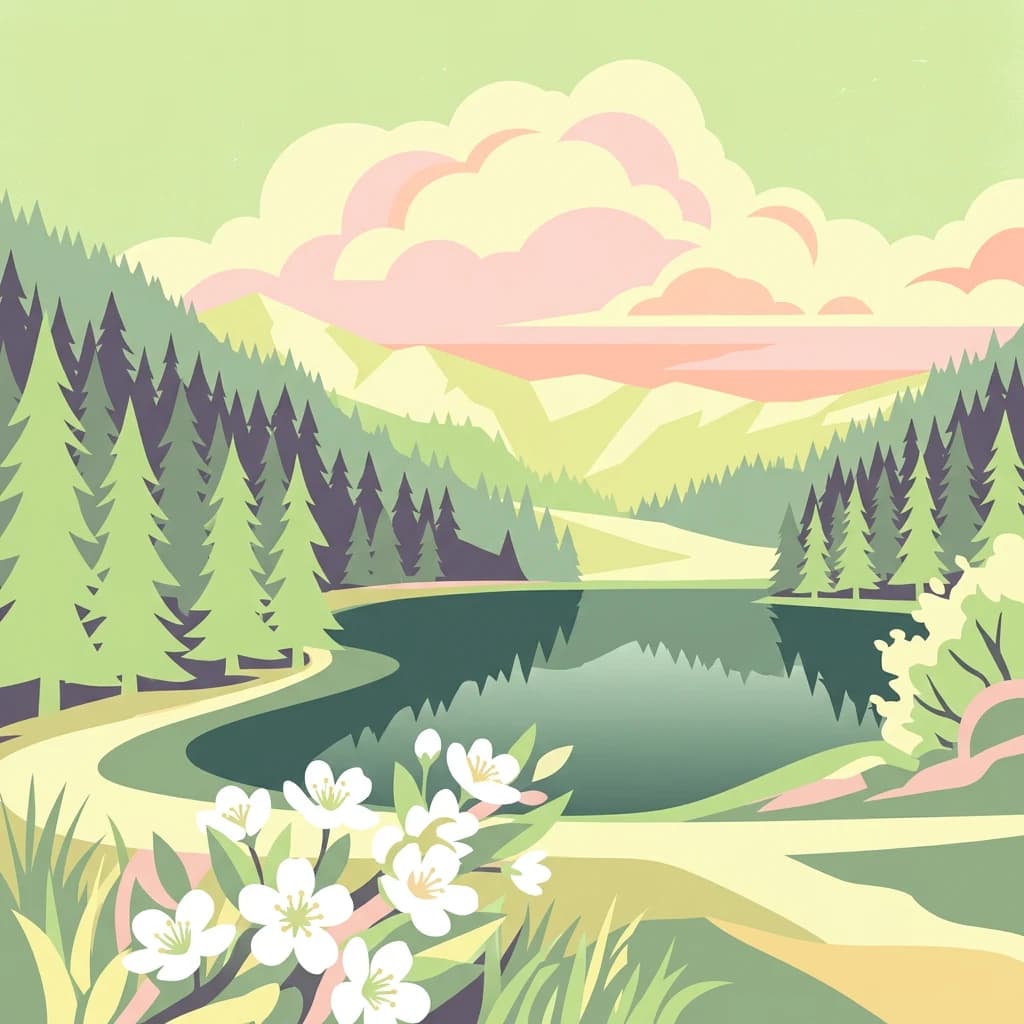 Stylized illustration of a lake with surrounding pine forests and mountains under a partly cloudy sky