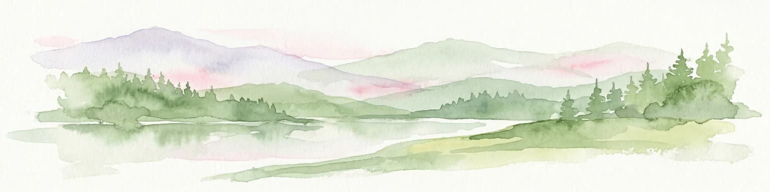 Watercolor painting showing mountains, trees, and a lake in soft green and blue tones
