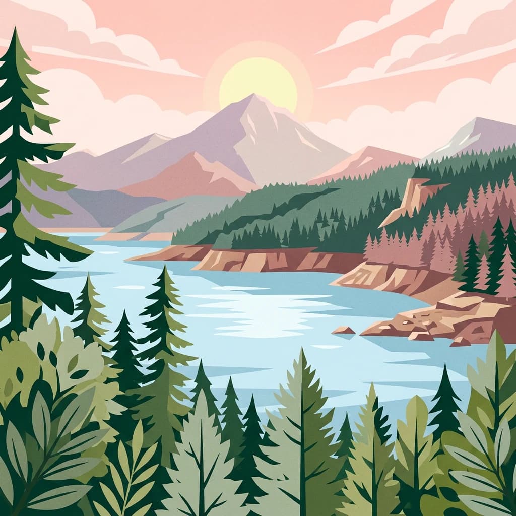 Stylized illustration of a lake surrounded by pine trees and mountains under a sunset sky