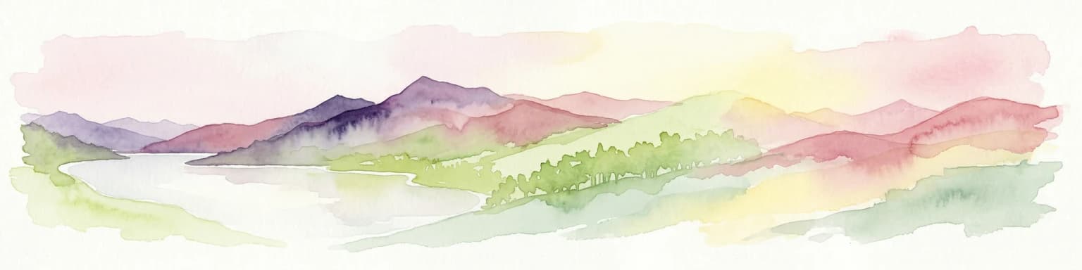 Watercolor illustration showing mountains, a reservoir, and green landscape