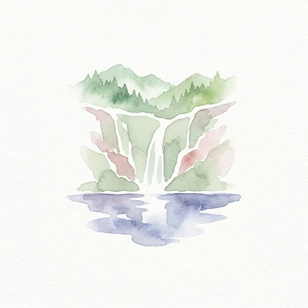 Watercolor illustration of a waterfall with mountains and reflection in water