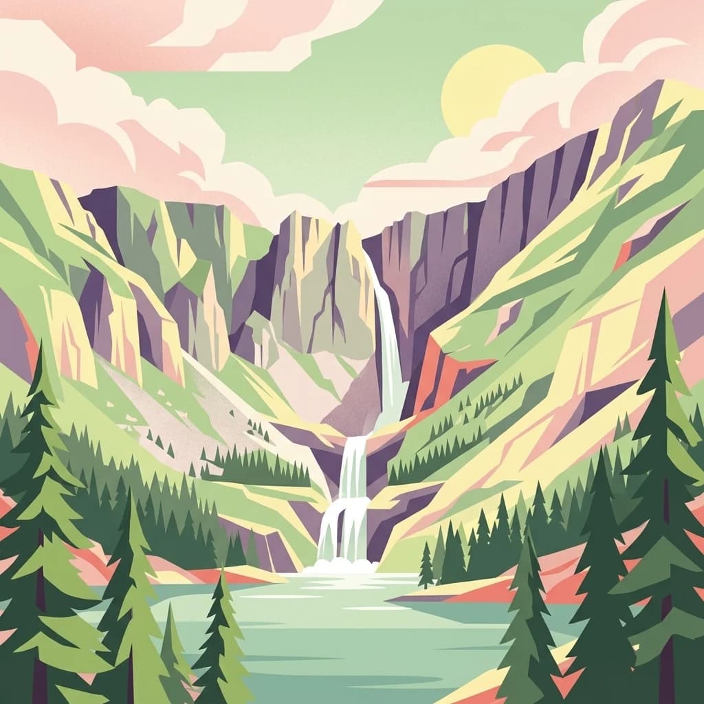 Stylized illustration of a waterfall between rocky mountains, with pine trees in the foreground and a lake below, under a sunlit sky with clouds