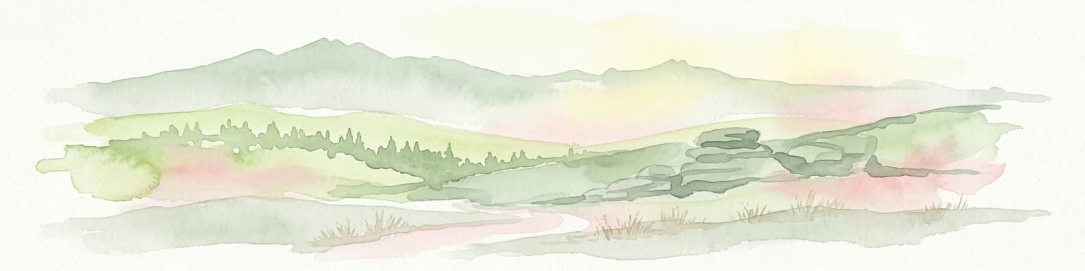 Watercolor illustration of a mountain range with green hills, pink and yellow sky, and sparse vegetation