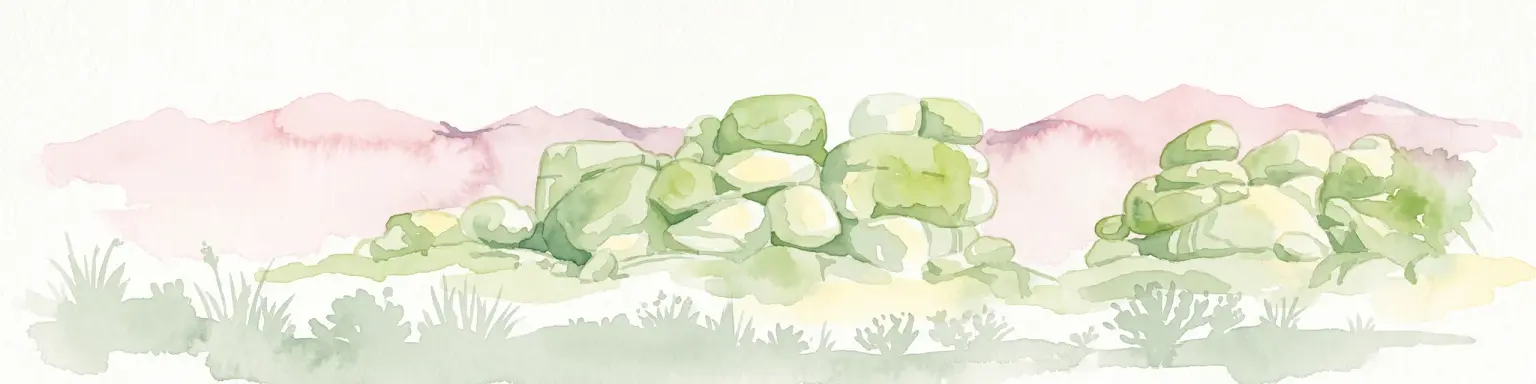 Una acuarela de grandes rocas de granito redondeadas sobre un paisaje de praderas herbáceas con un fondo rosa suave y desvaído.