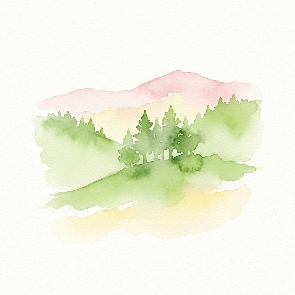 Watercolor illustration of a forested hillside with rolling hills in the background