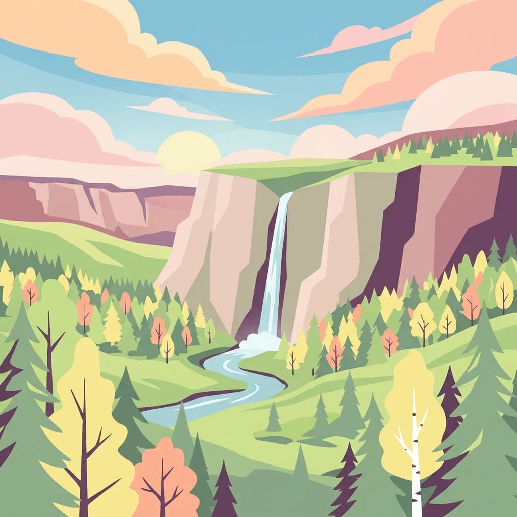 Stylized illustration of a waterfall cascading from a cliff into a river, surrounded by green and autumn-colored trees under a partly cloudy sky