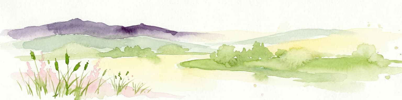 Watercolor illustration showing rolling hills, meadows, wildflowers, and distant mountains