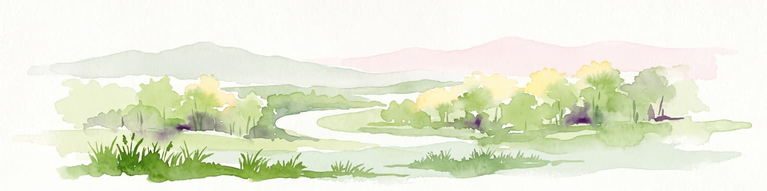Ilustración en acuarela de un río serpenteante rodeado de árboles verdes suaves y colinas bajas bajo un cielo pálido.