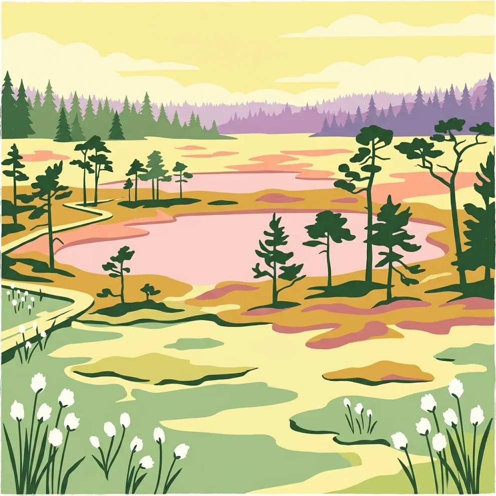 Illustration of a wetland landscape with a central lake, scattered pine trees, a winding path, and white wildflowers in the foreground