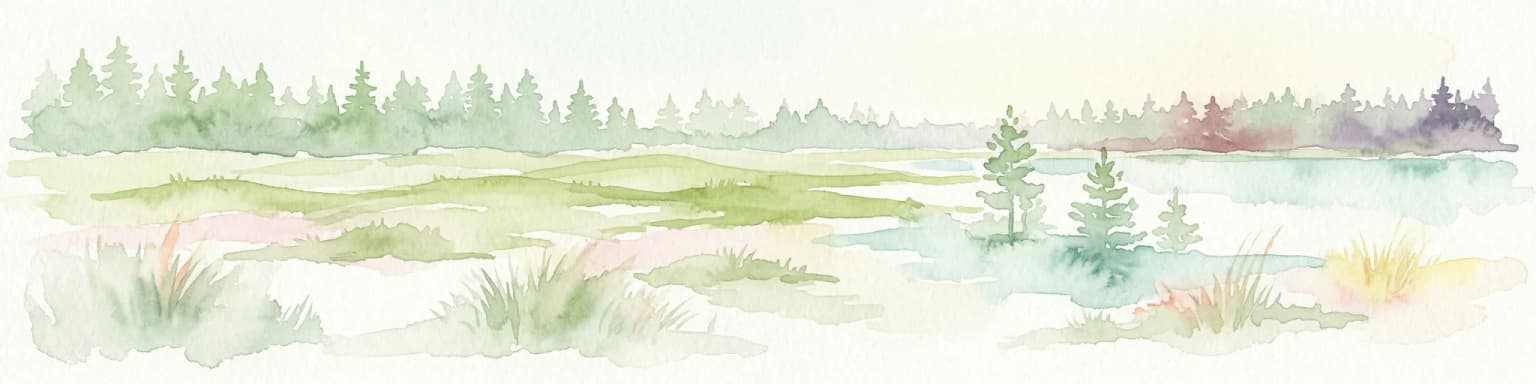 Watercolor illustration depicting a landscape with grassy fields, scattered trees, and a body of water