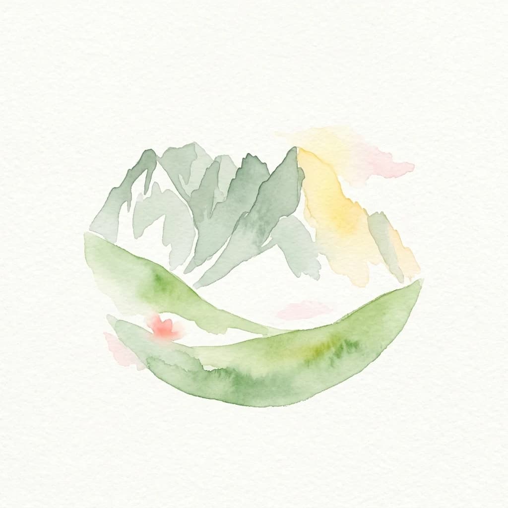 Watercolor painting showing green hills and mountain peaks under a soft sky