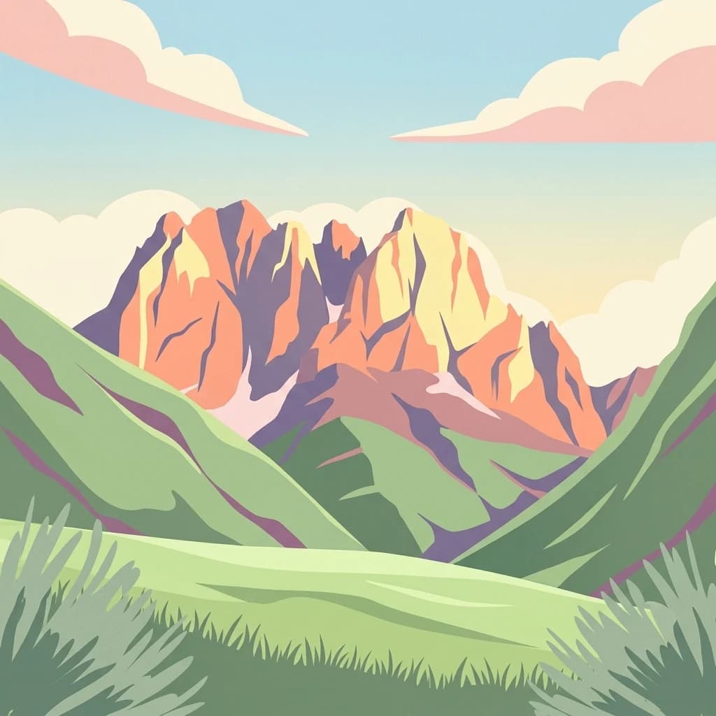 Stylized illustration of mountain peaks with green valleys and pink clouds