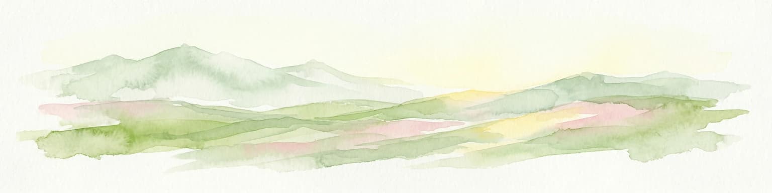 Watercolor painting showing green and pink mountain ranges under a light yellow sky
