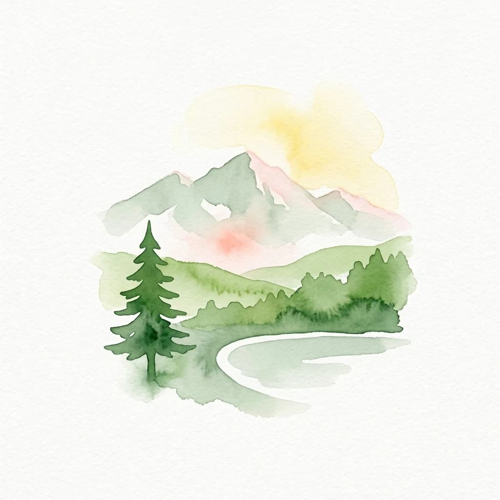 Watercolor illustration of mountains, a pine tree, and a winding river under a sunset sky