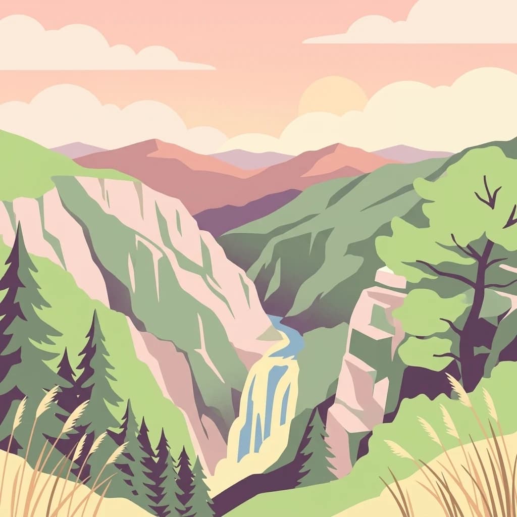 Colorful illustration of a mountain valley with waterfall and forested hills