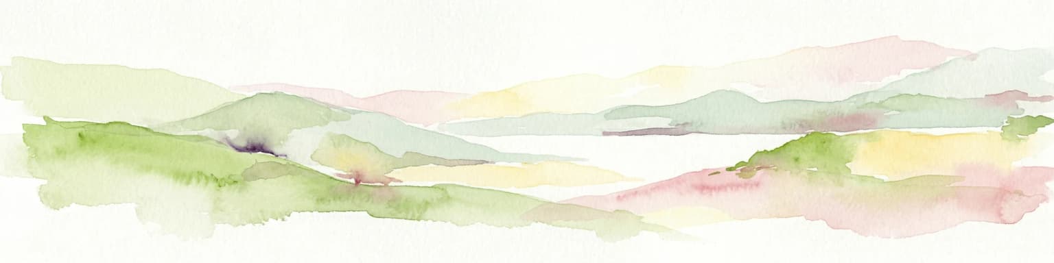 Watercolor painting showing green and pink mountain ranges with a body of water in the middle