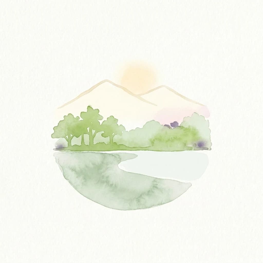 Watercolor illustration of mountains, trees, and a river under a sun
