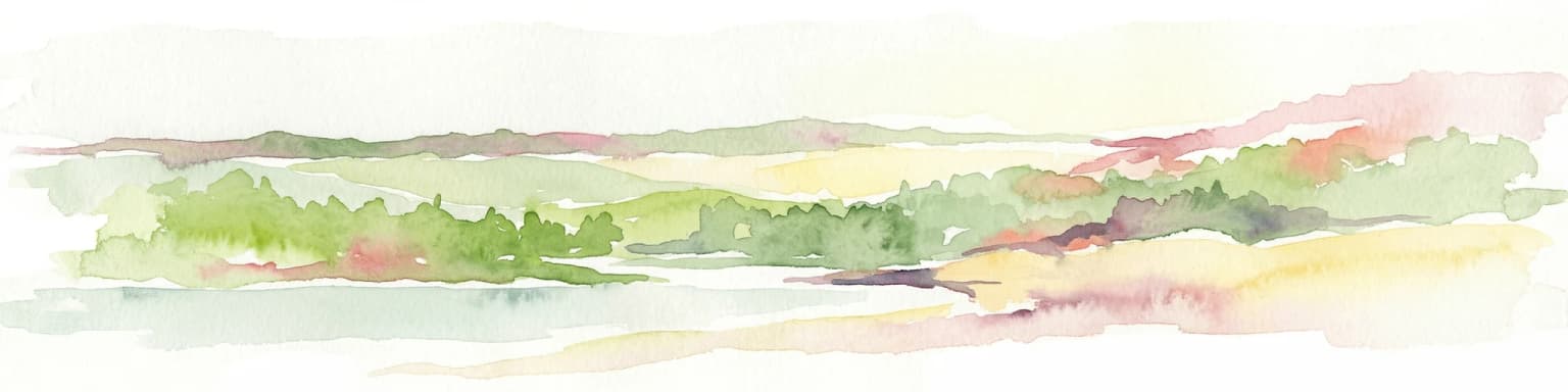 Pintura de acuarela de colinas verdes, campos y una masa de agua