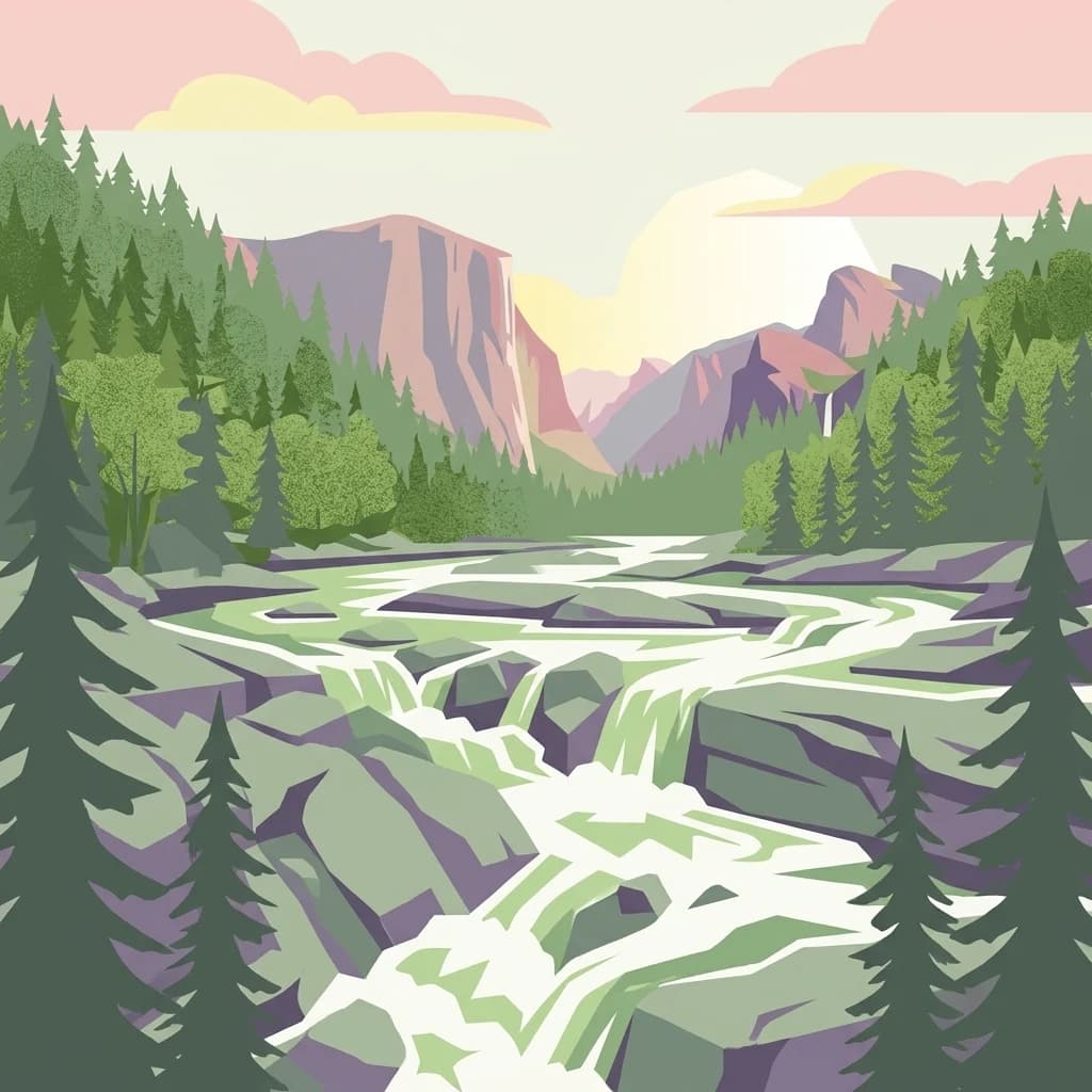 Ilustración estilizada de un río que fluye a través de un valle montañoso boscoso con afloramientos rocosos y árboles de coníferas bajo un cielo pastel