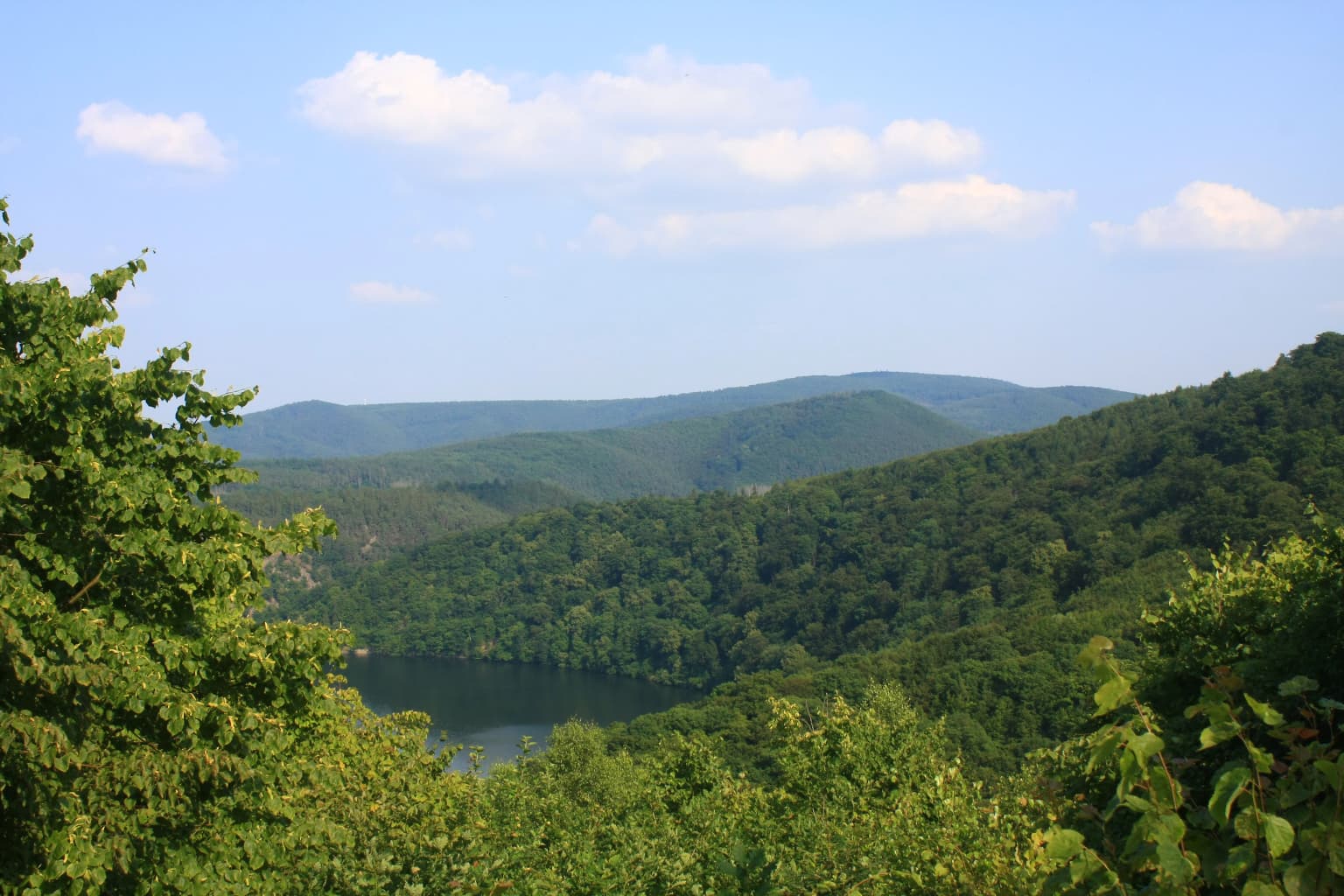 Landscape view of a lake surrounded by dense green forests with rolling hills in the background under a partly cloudy sky