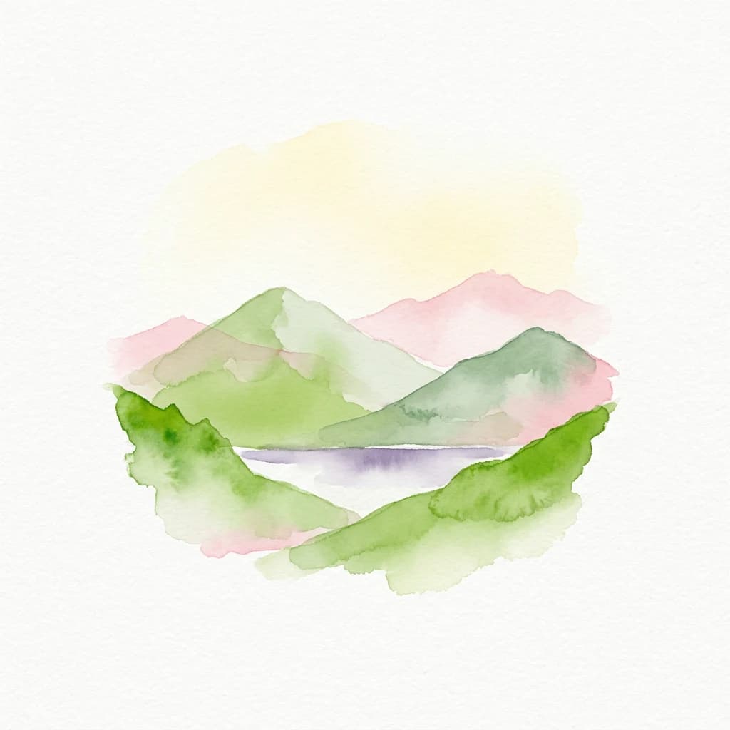 Watercolor illustration showing green mountains, a purple lake, and a pink and yellow sky
