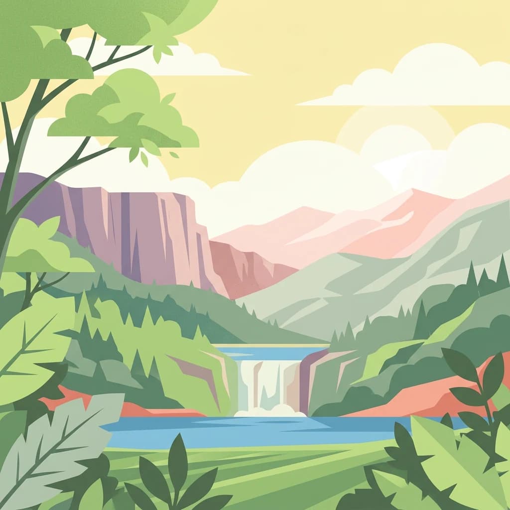 Illustrated landscape scene with a waterfall, mountains, green foliage, and a clear sky.