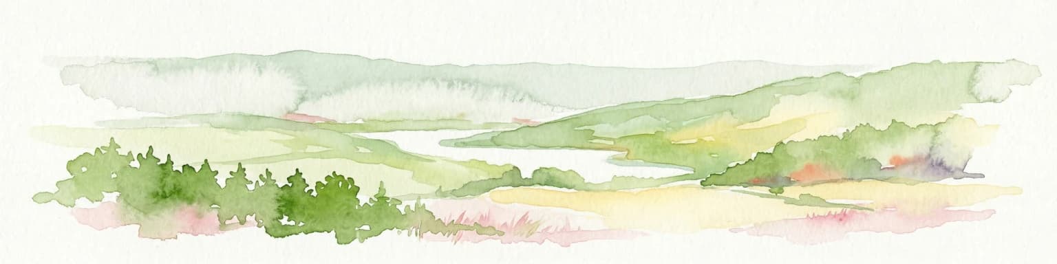 Watercolor painting showing a landscape with hills, forest, and a body of water