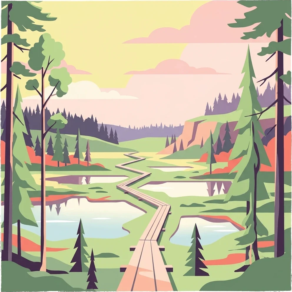 Wooden boardwalk winding through a wetland landscape with lakes, coniferous trees, and rolling hills under a pastel sky