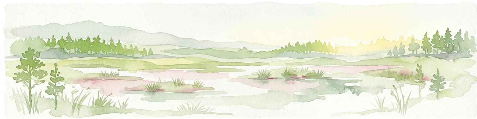 Watercolor illustration showing a marshy landscape with forests and distant hills under a soft sky.