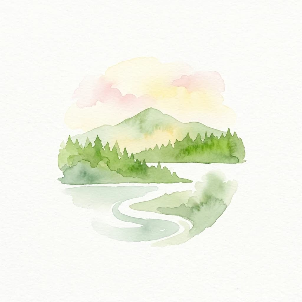 Watercolor painting of a winding river through a forested area with a mountain in the background under a pastel sky