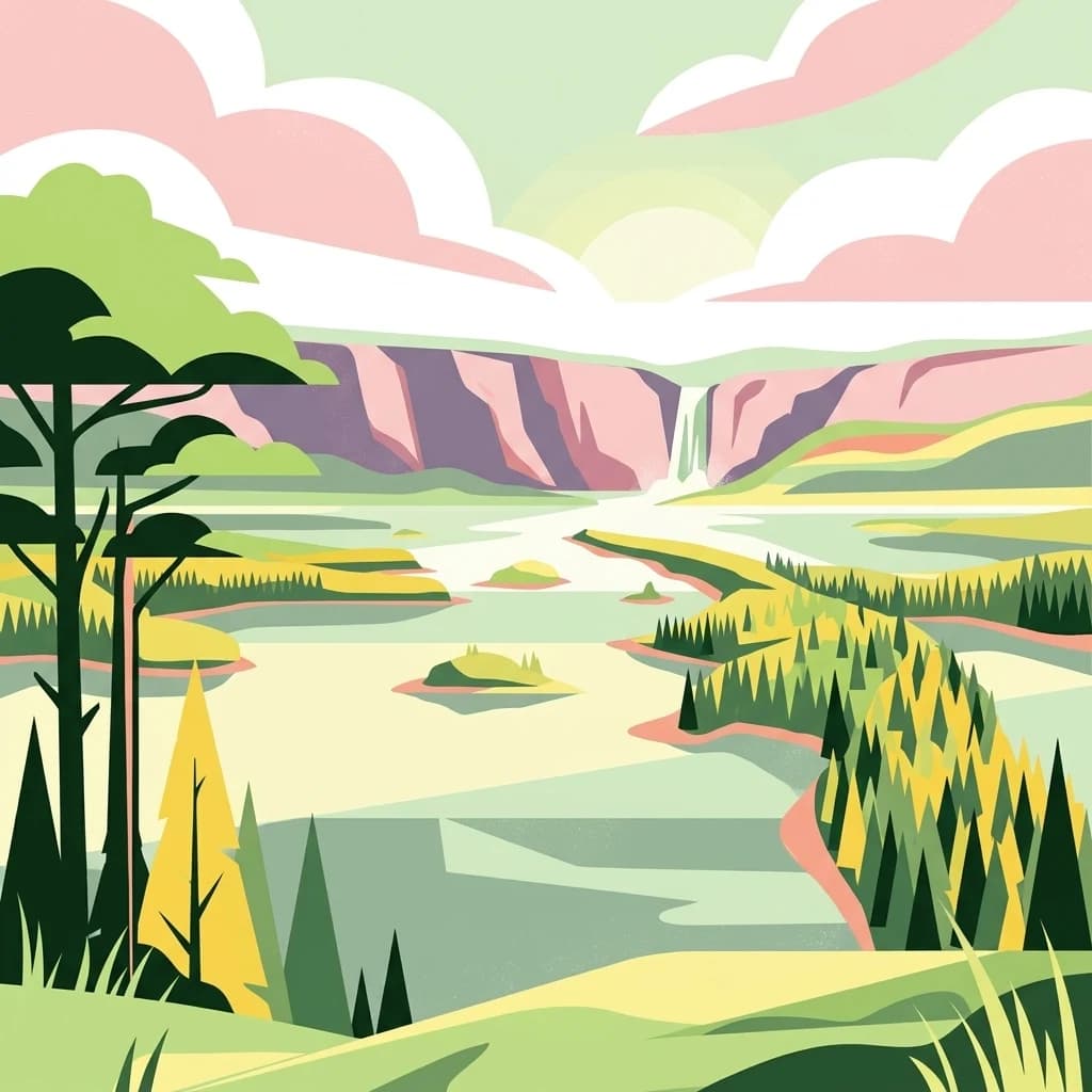 An illustration of a river flowing through a valley with forests, cliffs, and a waterfall under a partly cloudy sky